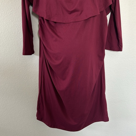 PinkBlush Maroon Burgundy Ruffle Trim Off Shoulder Fitted Maternity Dress - Picture 6 of 9